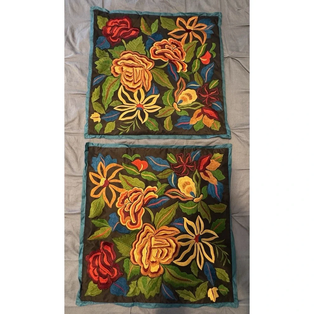 2 Pier One Embroidered Flower Decorative Pillowcases w/Zipper Boho 18' square